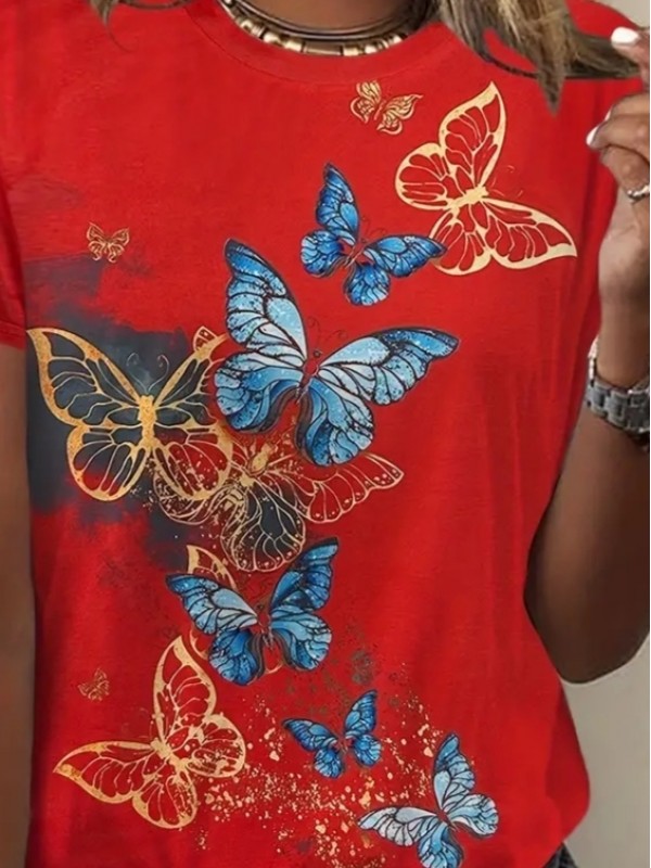 Kadın Kısa Kollu Mavi Sarı Kelebek Baskı Süprem Bluz, 23800